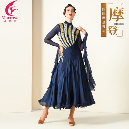 Marrosa摩登舞裙演出彩钻国标交谊舞比赛服装成人女大摆连衣裙