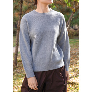 LEMAER乐玛尔 法单100%CASHMERE重工花朵刺绣钉珠针织保暖羊绒衫