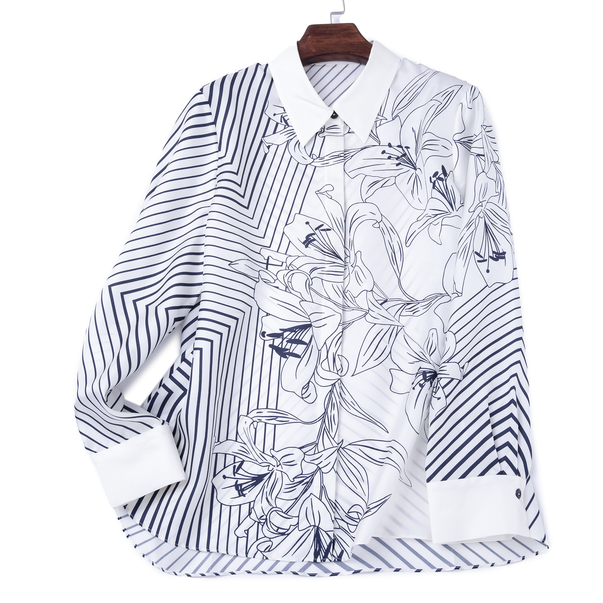 LEMAER乐玛尔 100%SILK拼接印花设计翻领长袖防晒桑蚕丝衬衫上衣