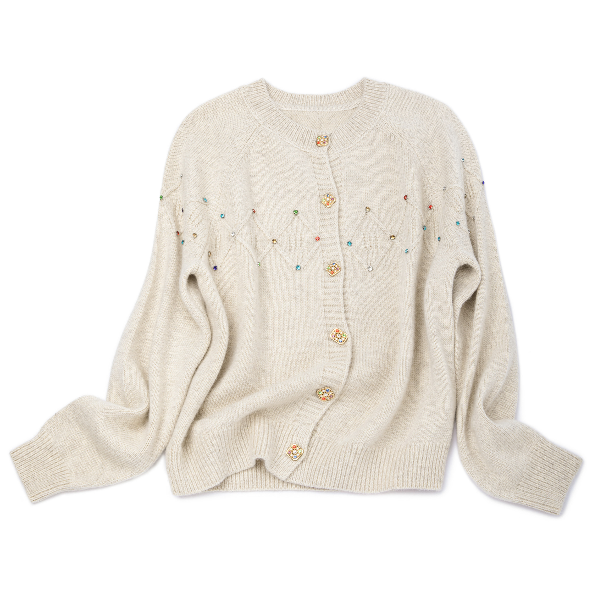 100%山羊绒重工钉珠圆领套头