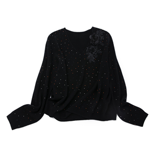 LEMAER乐玛尔 法单100%CASHMERE重工钉珠玫瑰贴花V领氛围感羊绒衫