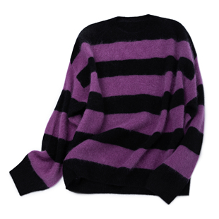 套衫 女圆领阔版 100%CASHMERE慵懒风条纹拉毛羊绒衫 LEMAER乐玛尔