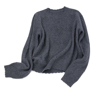 LEMAER乐玛尔 100%CASHMERE温柔慵懒风爱心钉珠镂空花瓣边羊绒衫