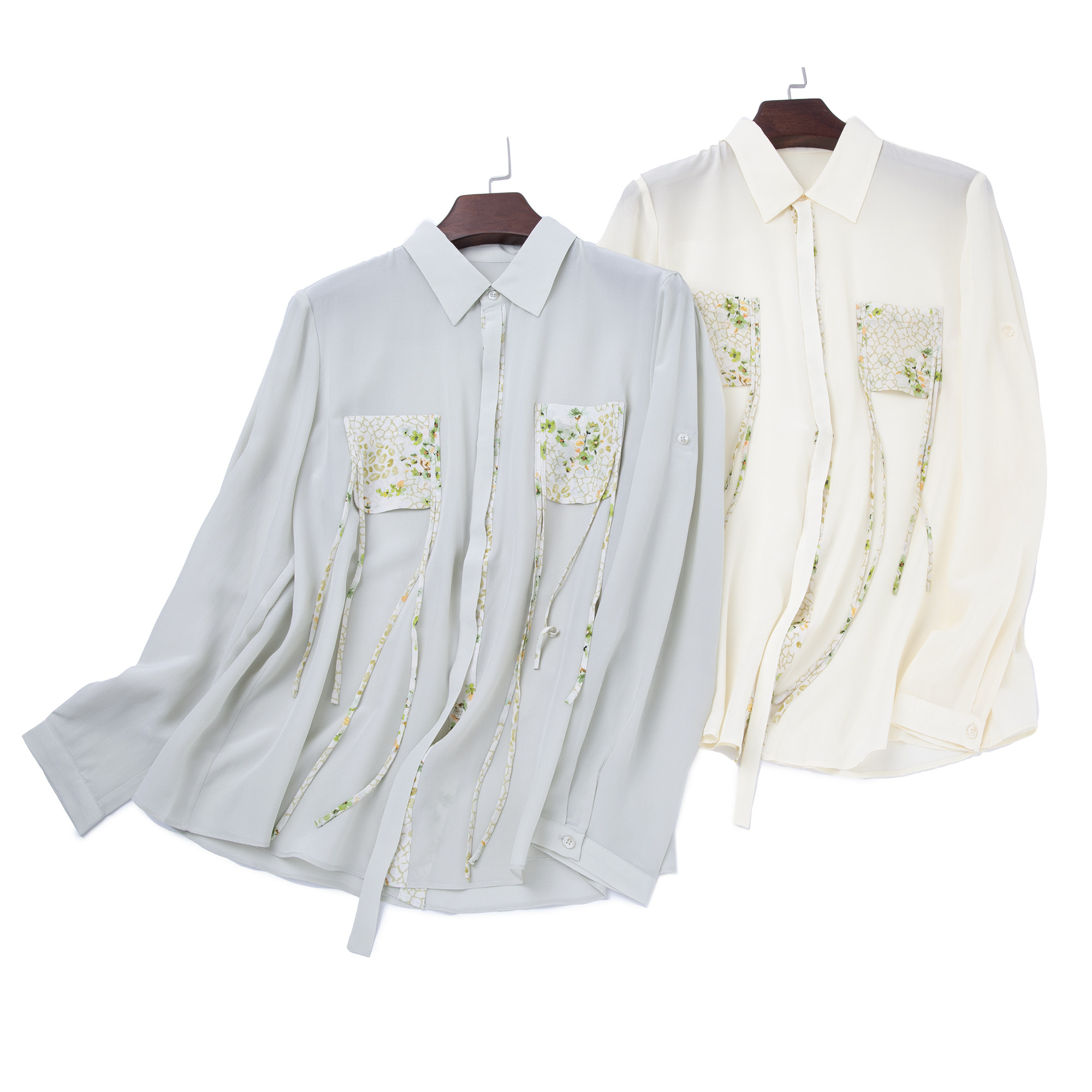 LEMAER乐玛尔 100%SILK 口袋拼贴流苏设计两穿长袖防晒桑蚕丝衬衫