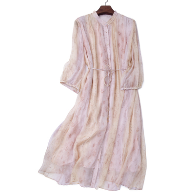 LEMAER乐玛尔 100%SILK独特印花H型设计圆领中袖气质桑蚕丝连衣裙