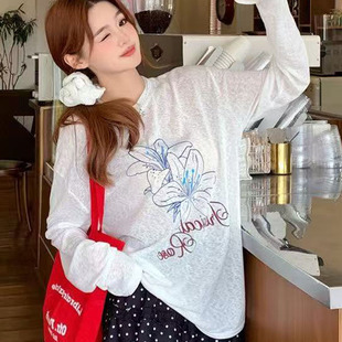 女式圆领夏季薄款竹节棉罩衫清凉感长袖上衣可爱印花套头打底