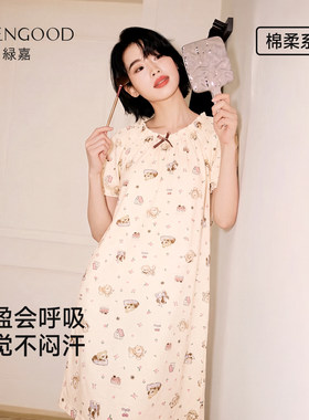 绿嘉女夏纯棉短袖卡通薄款睡衣裙
