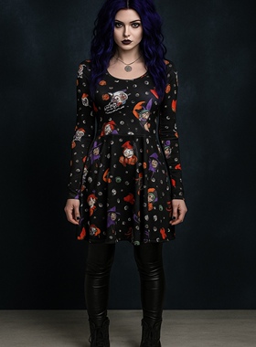 美但S0urpuss复古摇滚rockabilly纹身恶魔骷髅哥特娃娃长袖连衣裙