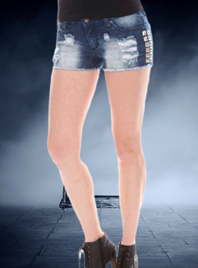 HO*T TOPIC外贸JET摇滚朋克铆钉磨破翻毛复古做旧破洞磨白短裤热