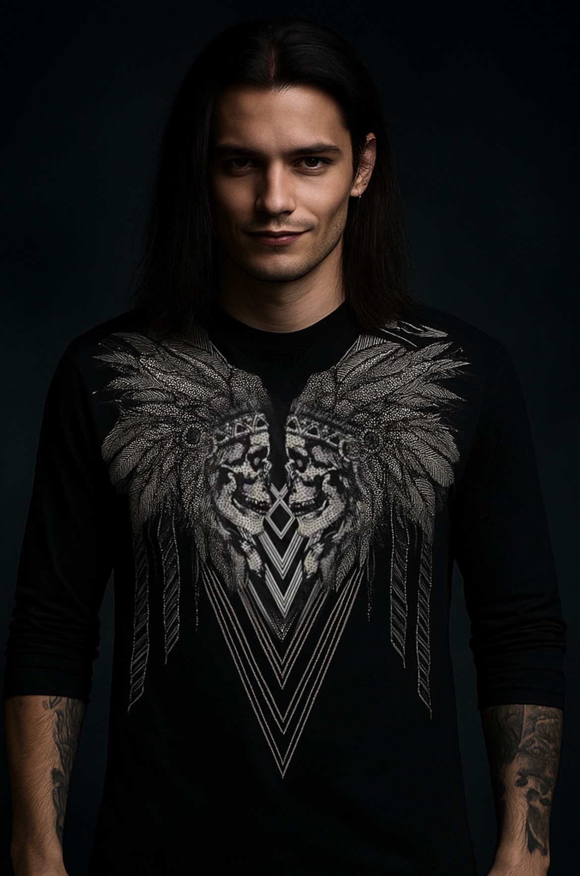 朋克印第安羽毛重工机车长袖t恤