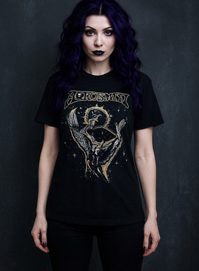 美单Aerosmith史密斯飞船乐队黑色复古印刷宽松摇滚朋克重金属T恤