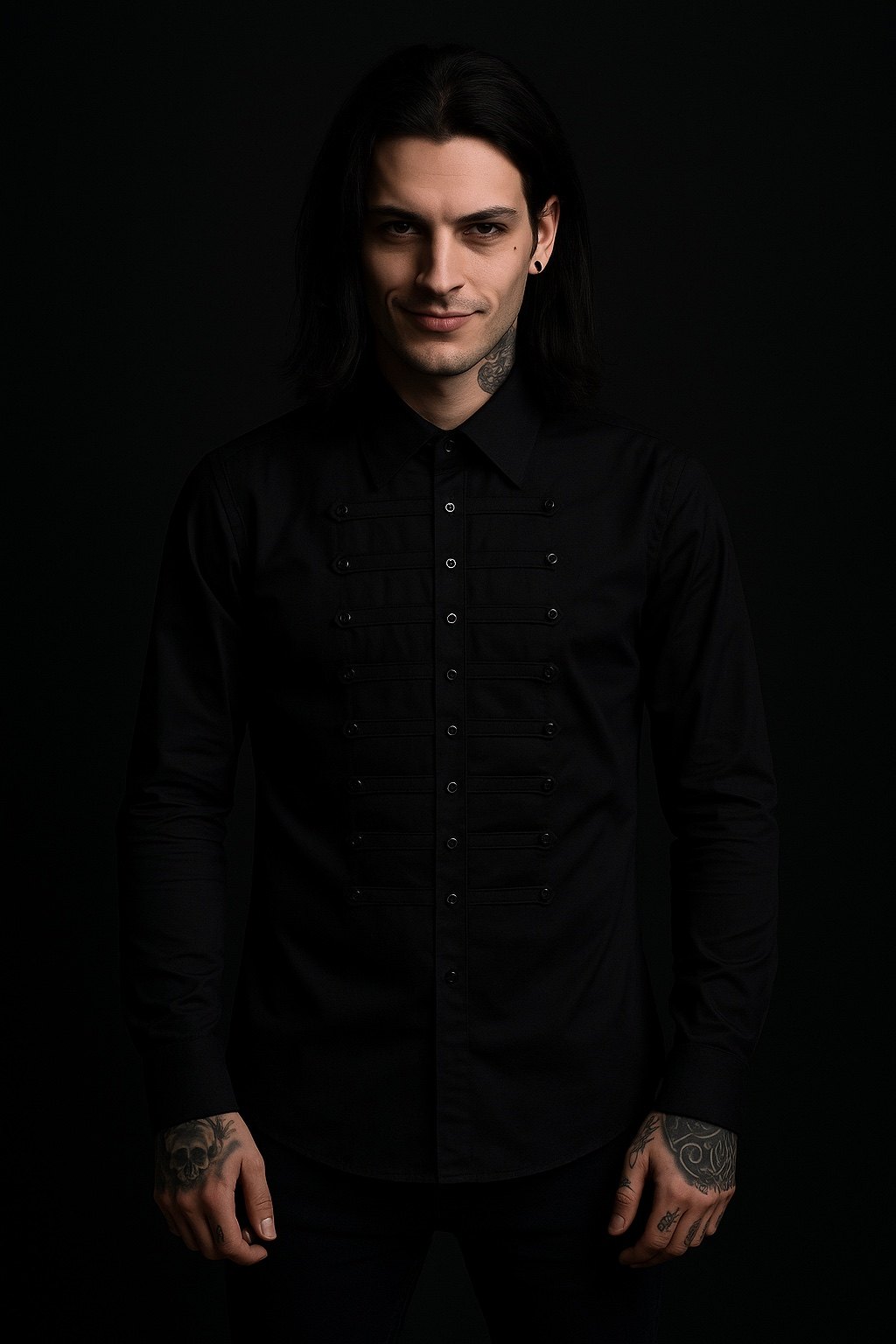 德单 复古维多利亚吸血鬼蒸汽朋克暗黑哥特修身黑色双开门衬衫衣