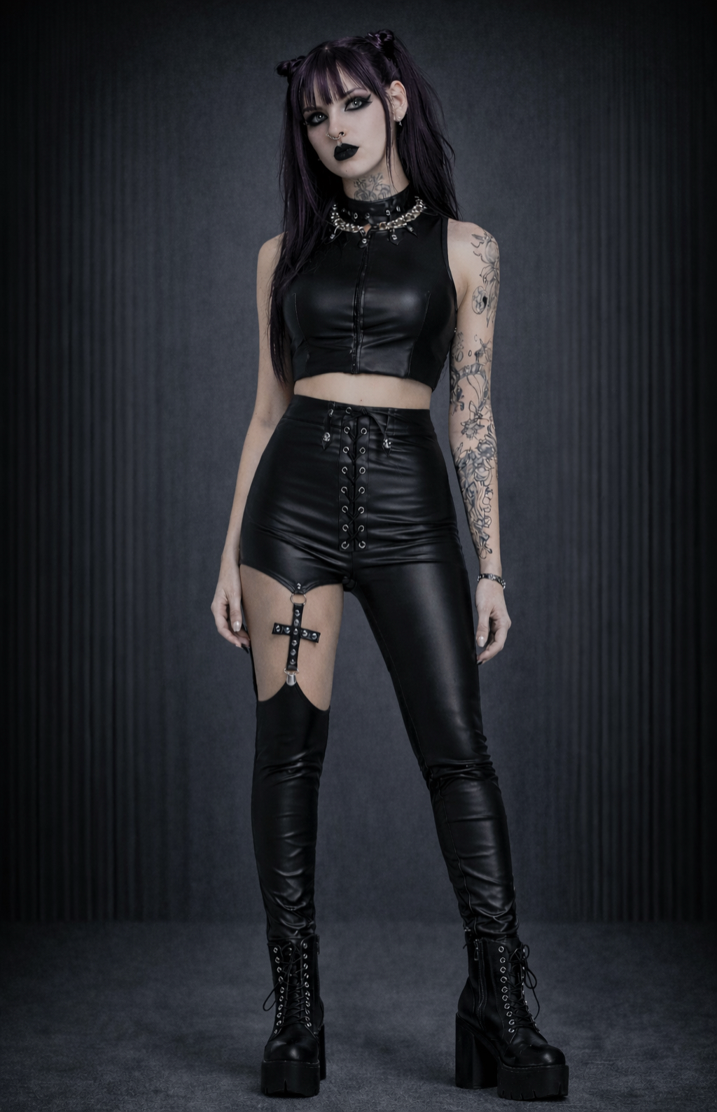 原 暗黑哥特亚文化铆钉十字架仿皮高腰绑带小脚裤摇滚修身街头,女装/女士精品,皮裤,淘宝优惠券,粉丝福利购,淘宝优惠卷