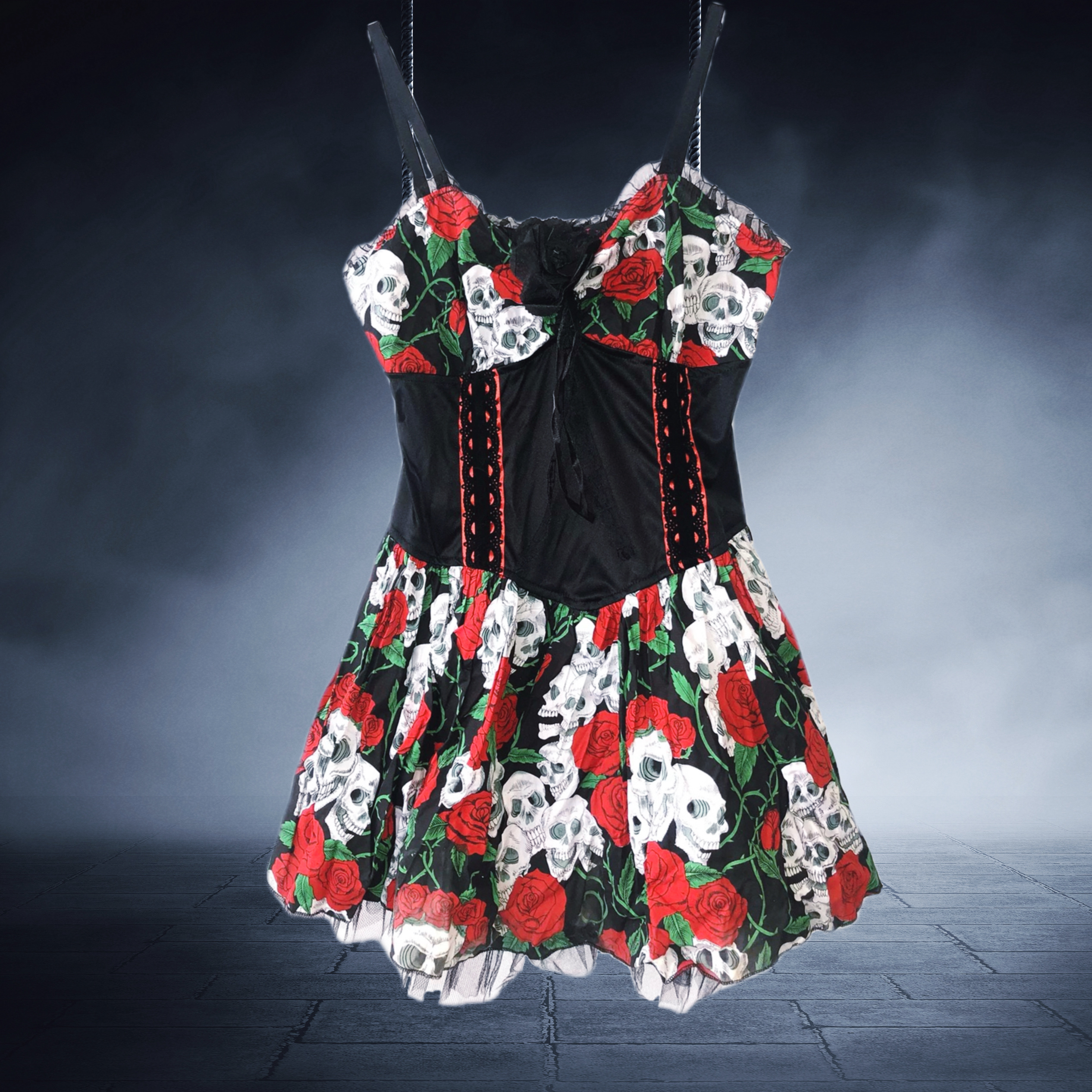 美单H0T T0PIC LS摇滚朋克哥特街头骷髅玫瑰蜘蛛网吊带连衣裙