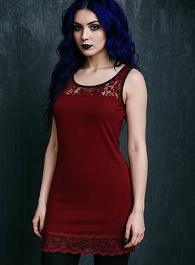 德单E.MP哥特摇滚复古蕾丝长款工字打底背心深红色内搭纯棉