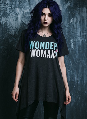 美单神奇女侠长款圆领短袖街头亚文化深灰色漫画显瘦修身t恤 大码