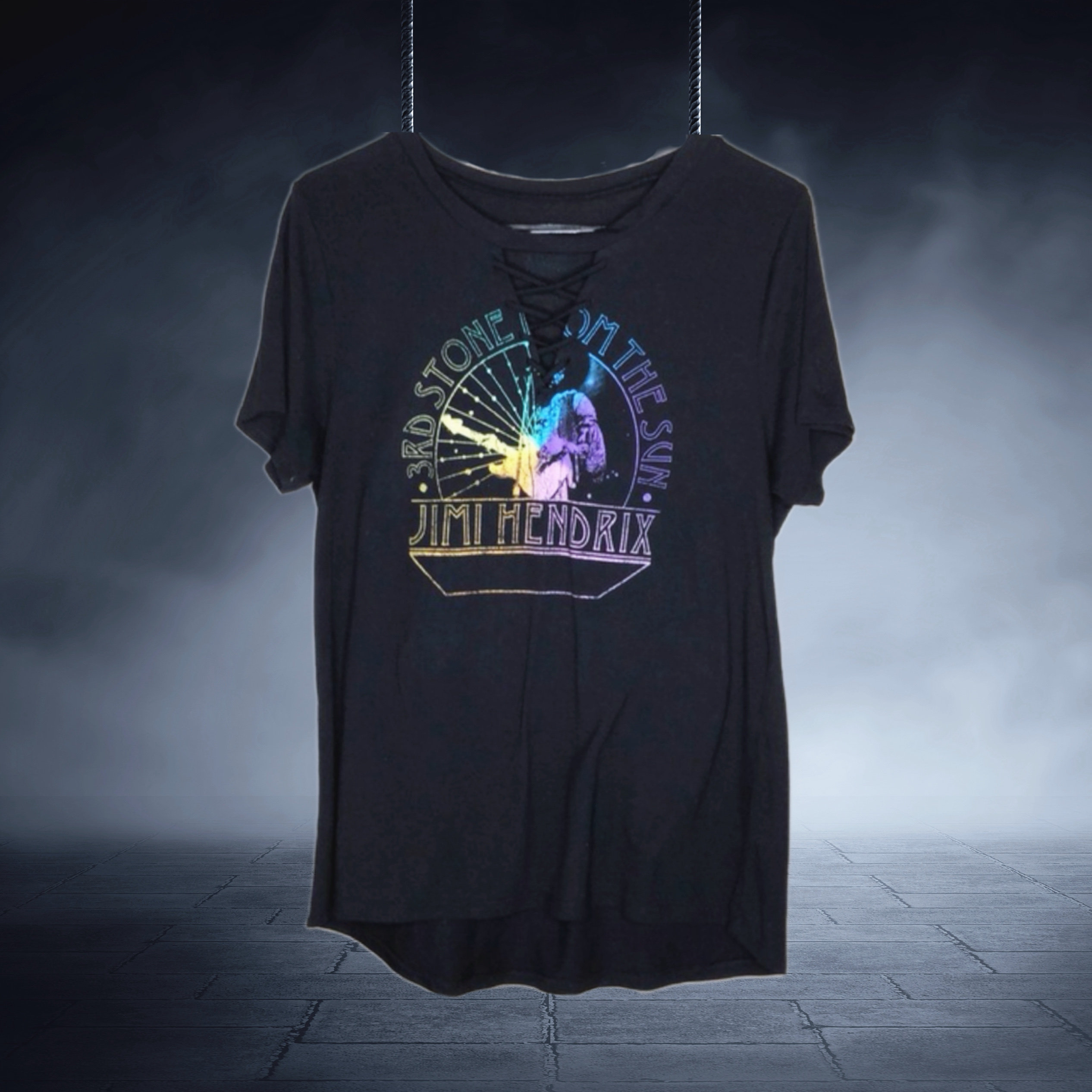美单JIMI HENDRIX电吉他之神辣妹Y2K摇滚朋克绑带v领柔软黑色t恤