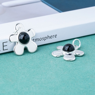 s925纯银ins时尚韩版复古花朵吊坠项链diy串珠黑玛瑙大花朵配件