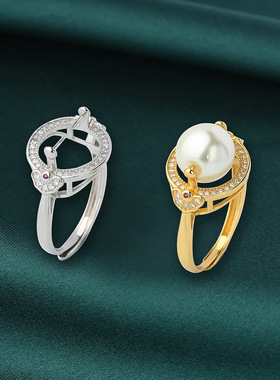 925纯银镀金色 椭圆  圆珠 圆形 珍珠女士 男戒指空托 半成品戒托