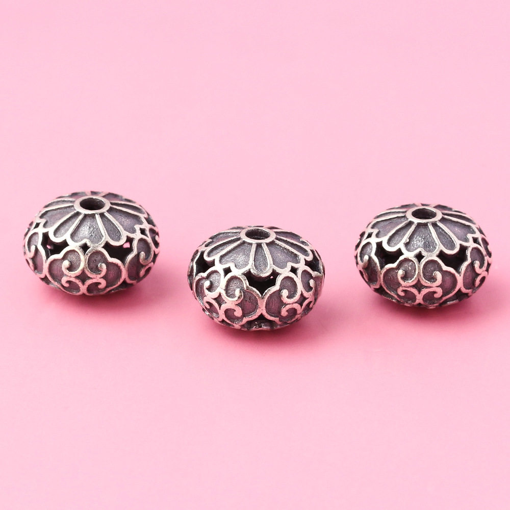 s925银复古哑光镂空祥云如意纹扁珠diy手串编绳项链绳银饰配件