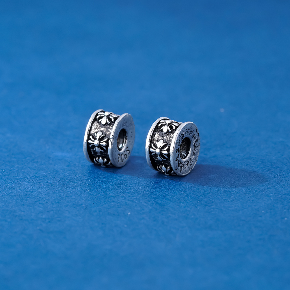 新款s925纯银做旧复古个性7mm十字架隔珠转运珠diy文玩手串银