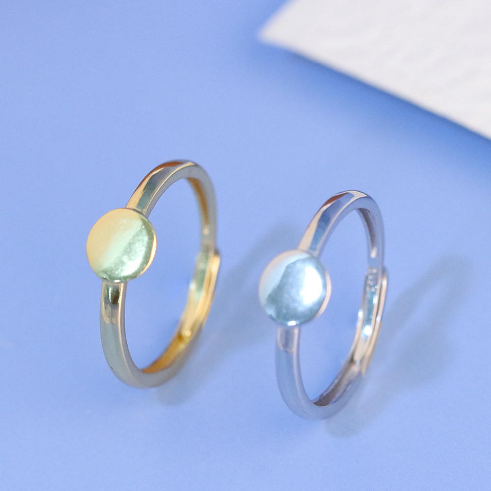 S925纯银光面戒托戒指黄金色简约可调节DIY蜜蜡宝石珍珠指环银饰