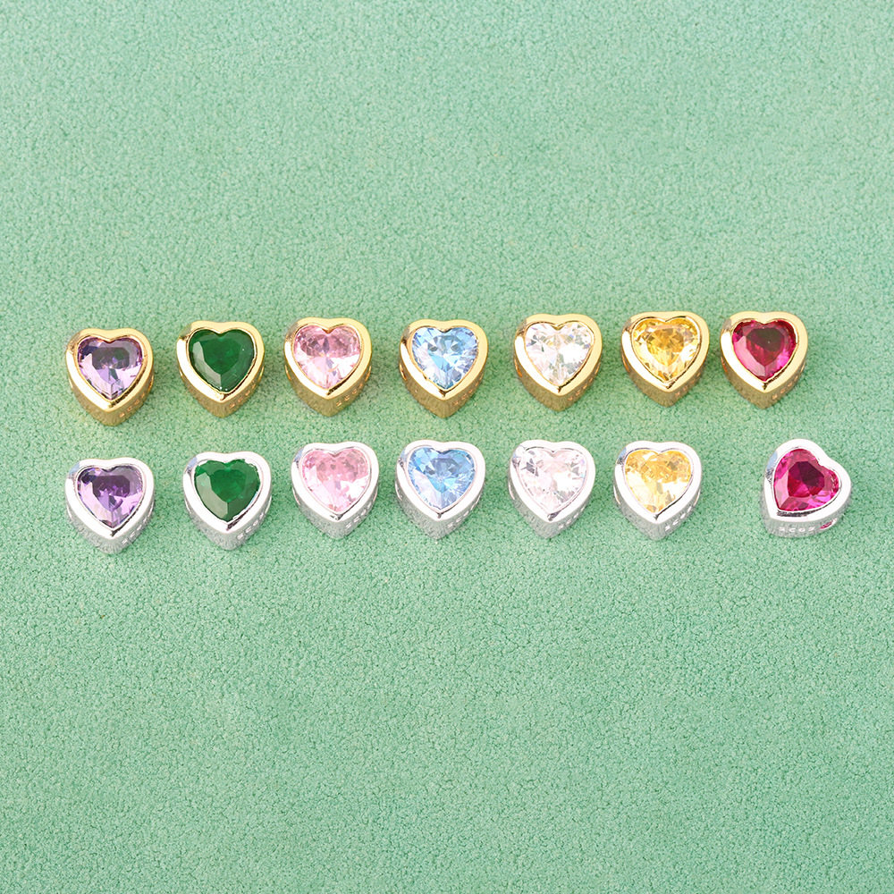 s925纯银镶嵌锆石爱心隔珠彩色心形银珠diy手链戒指项链桃心配件