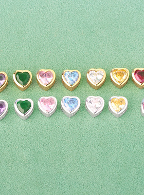 s925纯银镶嵌锆石爱心隔珠彩色心形银珠diy手链戒指项链桃心配件