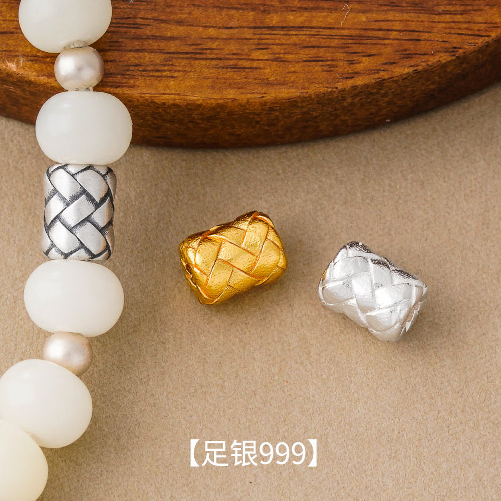 精工足银999黄金色复古编织直管小桶珠DIY手工编绳手链项链银配件