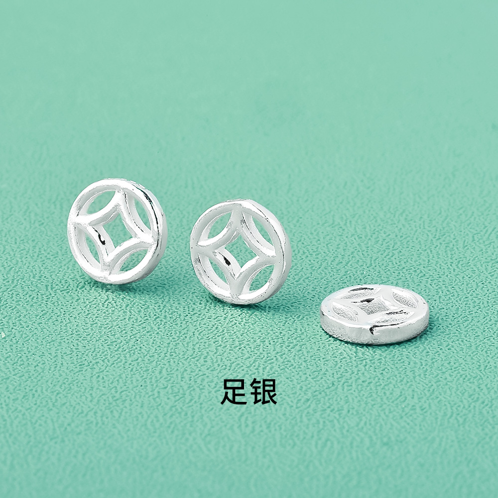 s999足银素银实心镂空钱币隔珠铜钱吊坠diy手工编绳银饰配件材料