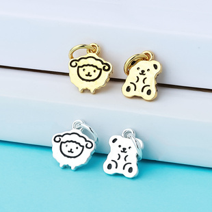 s925纯银镀黄金色双面线条卡通小羊小熊吊坠可爱diy水晶手链配件