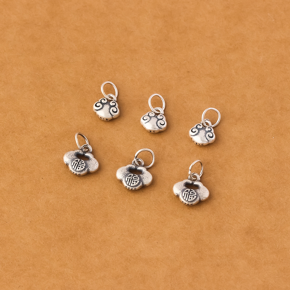 S925纯银福字实心款小锁编织手绳手链项链复古双面小吊坠DIY配件