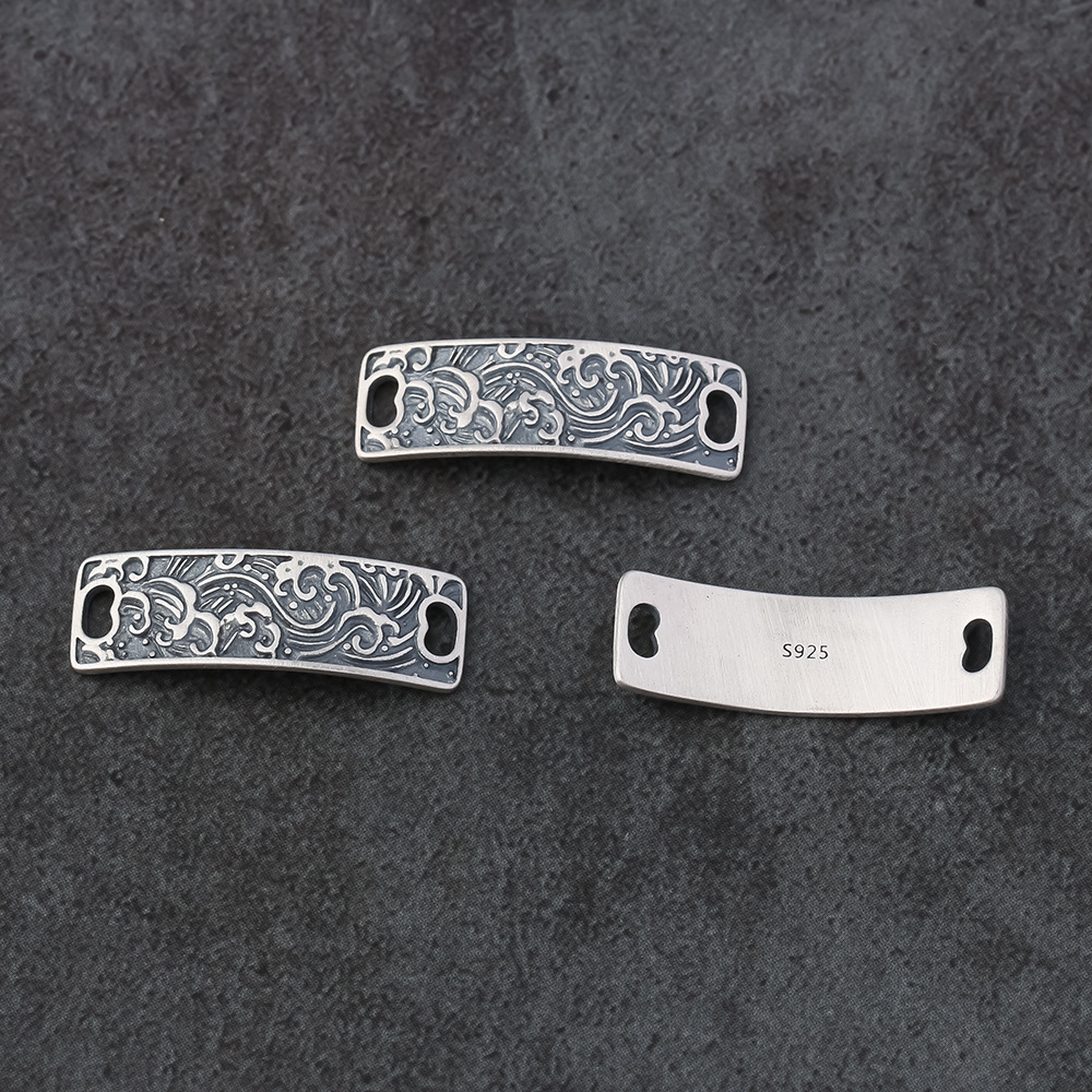 S925银精工复古国潮海水江崖纹吉祥银牌吊坠红绳编绳国风银饰