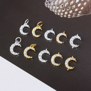 S925银素银配件 微镶锆石月亮小吊坠 diy银饰手链项链串珠材料