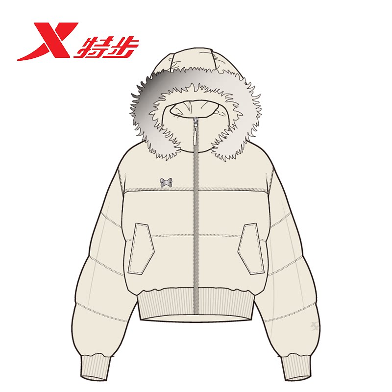 特步羽绒服女士2026冬款连帽毛领