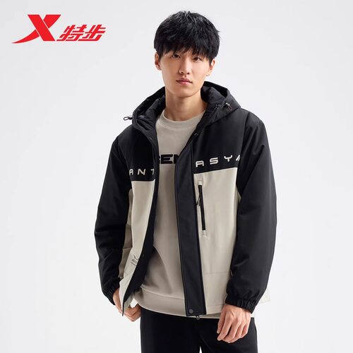 特步运动薄棉服男连帽棉衣