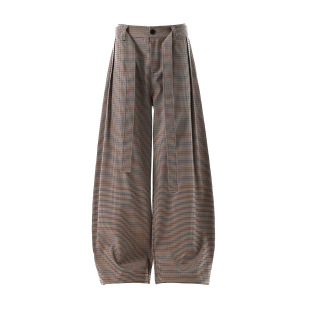 宽松褶皱弯刀型休闲裤 WK222美式 高街男女格纹高级感飘带设计男式