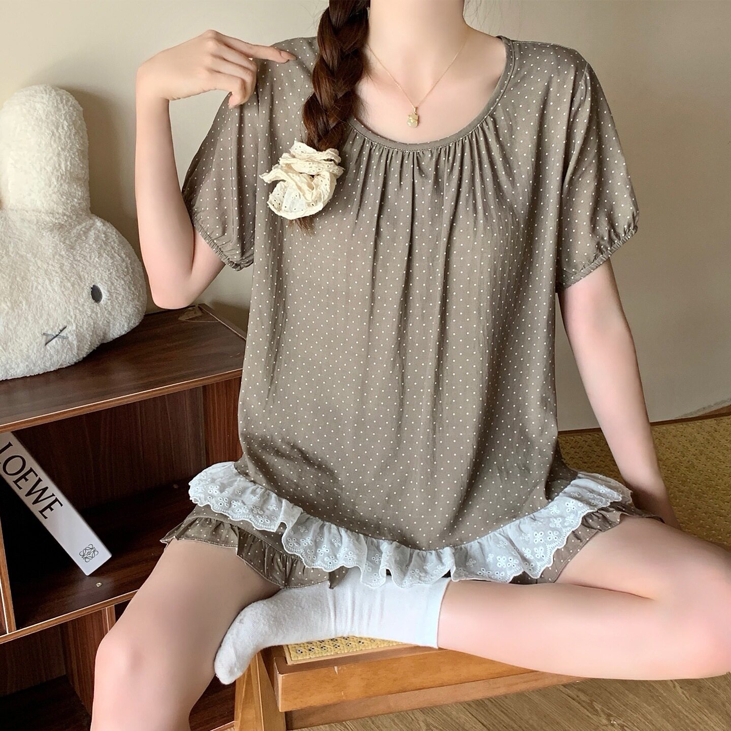 可外穿莱赛尔睡衣女夏季圆领短袖