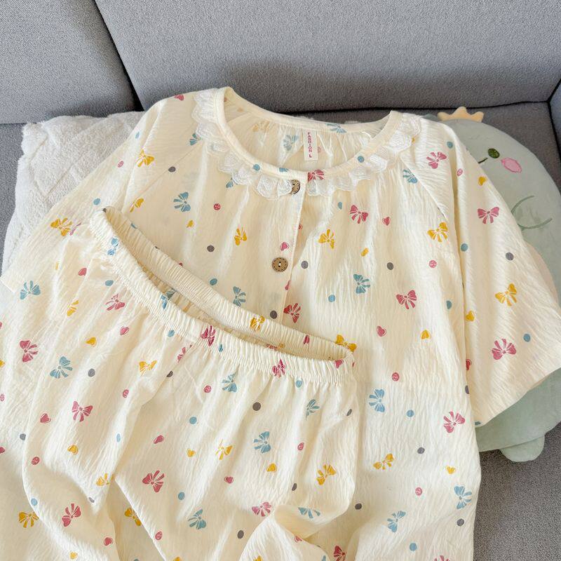 睡衣女生夏季云朵棉带胸垫短袖薄款二件套夏天卡通家居服印花套装