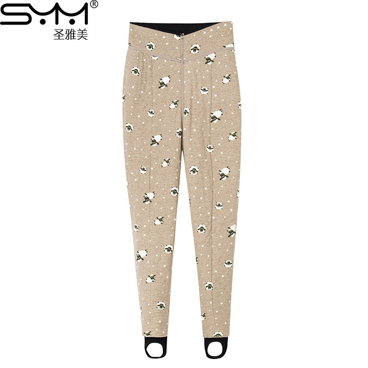 圣雅美8E5060纯羊毛打底裤女秋冬加绒加厚踩脚外穿高腰显瘦保暖裤