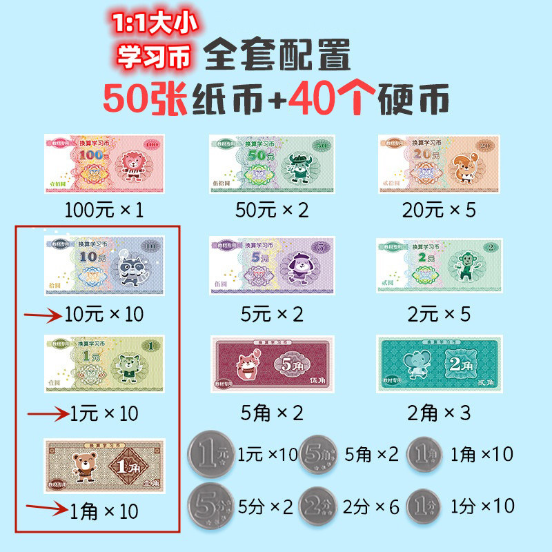 学纷一二年级认识钱币全套学具含2元2角玩具样币纸币换算学习币