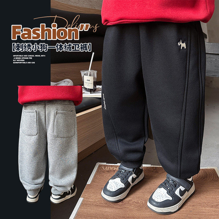 男童冬装刺绣小狗一体绒卫裤2025新款儿童加绒运动裤中小童裤子