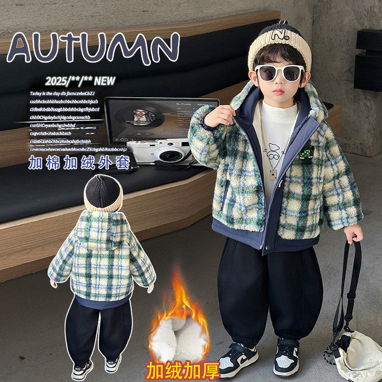 男童冬装加绒小狗格子连帽外套儿童帅气加厚潮款毛毛衣中小童衣服