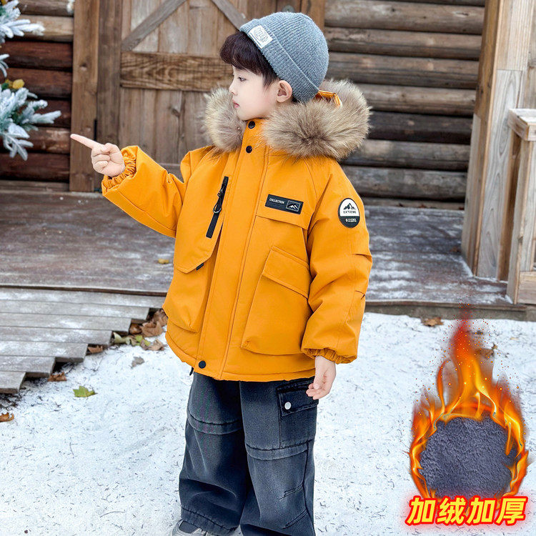 男童冬装真毛领派克服2025新款韩版儿童加绒加厚棉衣宝宝帅气棉服
