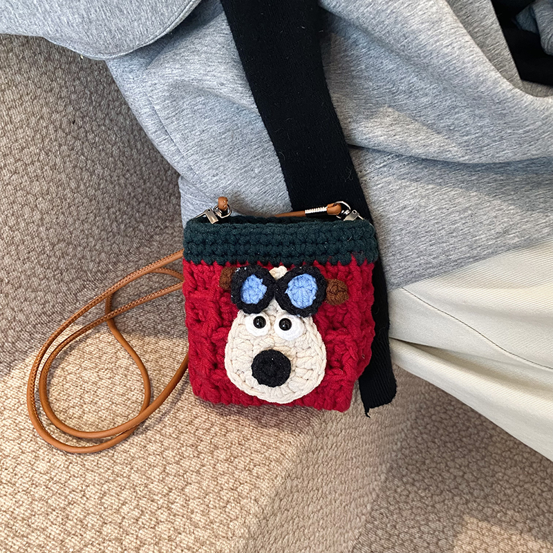 新款编织卡通手机包迷你小狗小熊斜挎包红色可爱儿童斜挎小包包潮