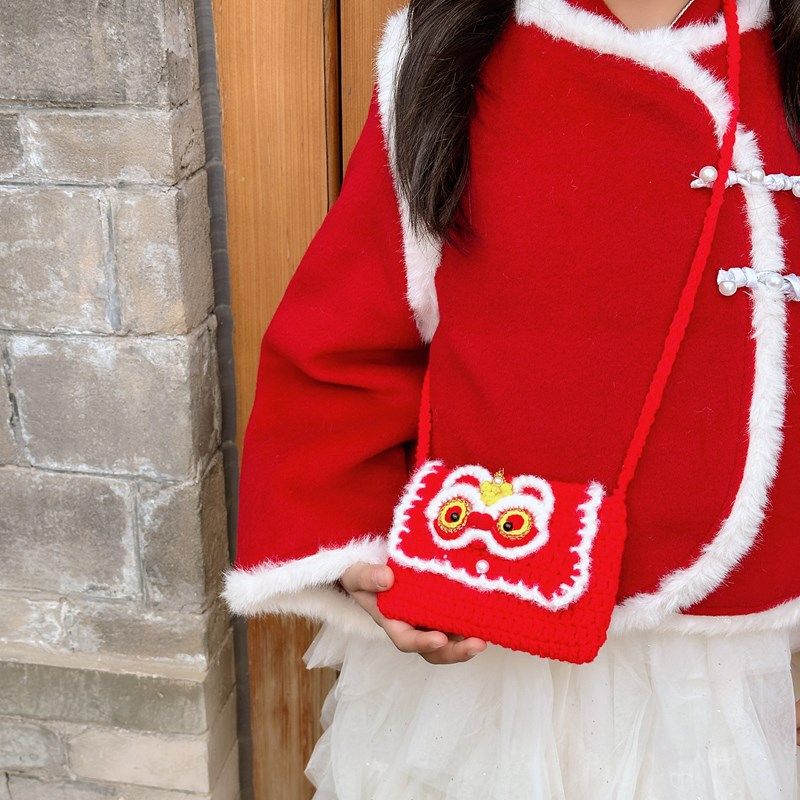 迷你舞狮造型毛线编织包女童拜年红包斜挎儿童礼物新年配饰小包