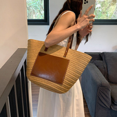 法式 新中式 大容量皮标草编单肩包夏季 编织包包女度假手提托特女包