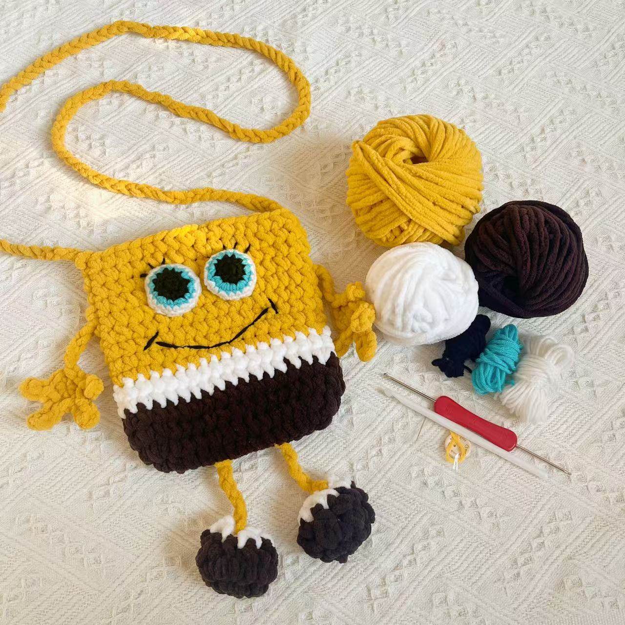 手工编织DIY海绵宝宝毛线包可爱钩织卡通斜挎包材料包成品手机包,服饰配件/皮带/帽子/围巾,DIY编织材料包,淘宝优惠券,粉丝福利购,淘宝优惠卷