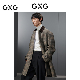 2023年冬季 GXG男装 大衣外套男士 宽松长款 品 格纹拼色简约时尚