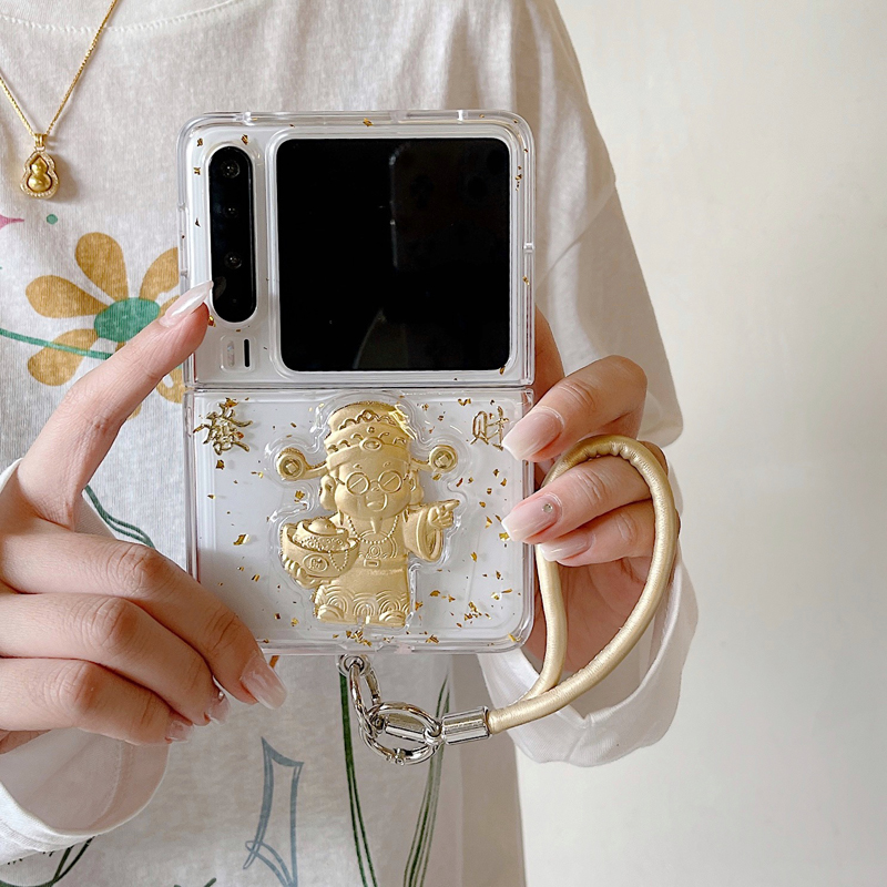 发财财神爷适用华为purax典藏版透明手机壳新款p50/pocket/2/s带挂绳折叠屏外壳超薄全包防摔保护套可爱少女